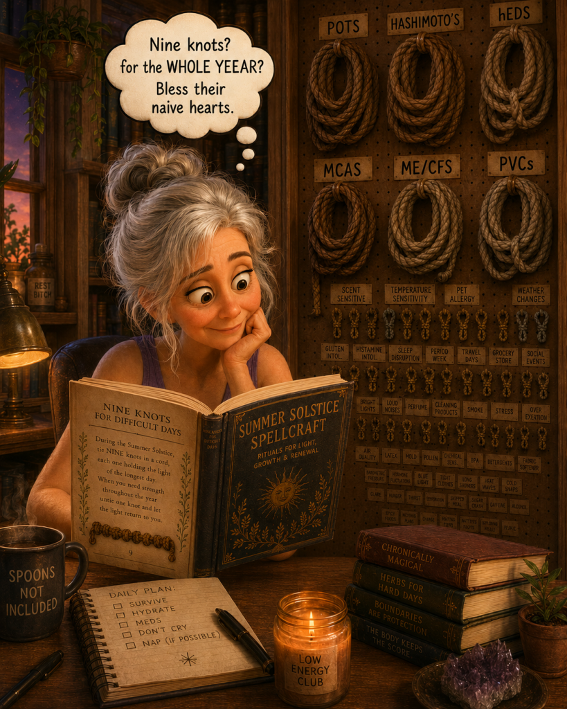AI generated whimsical cartoon-style illustration of a silver-haired woman reading a Summer Solstice spell book in a cozy study. The open book describes a tradition of tying nine knots for difficult days. Behind her is a pegboard covered with large ropes labeled POTS, Hashimoto's, hEDS, MCAS, and ME/CFS, with many smaller labels representing additional sensitivities and everyday challenges. A thought bubble reads, "Nine knots? For the WHOLE YEAR? Bless their naive hearts." The scene humorously reflects life with an alphabet soup collection of chronic illnesses.