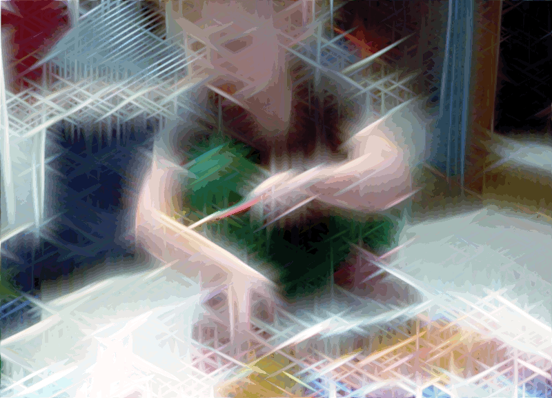 Image Description: An animated drawing with glittery hash marks that loosely outline the image of a small child kneeling on the floor holding a paintbrush and painting on his arm.