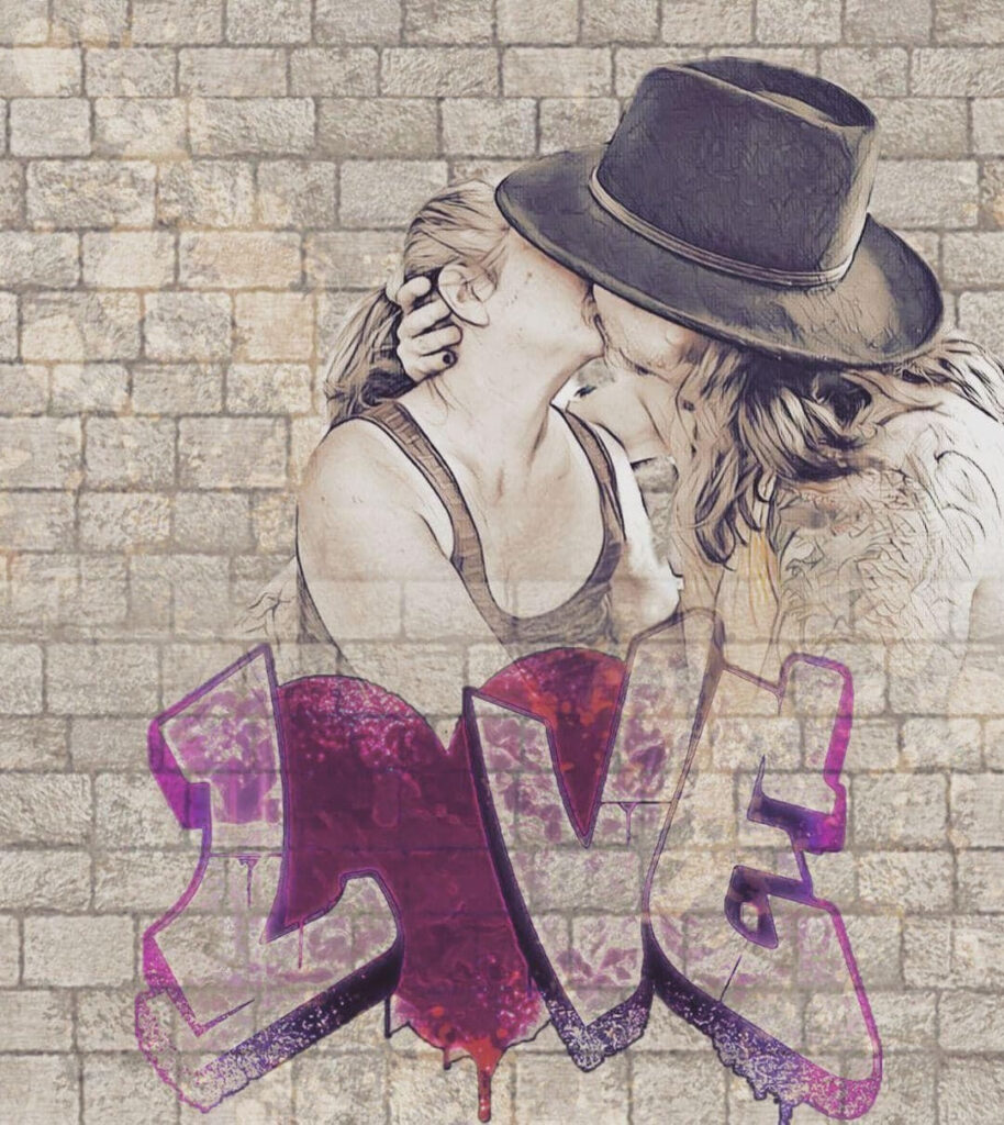 Sepia tone brick wall with the word LOVE in grafitti letters at the bottom and a sketch drawing overlay of a person with a ponytail (Karma) kissing a man in a stetson cowboy hat (Monks).